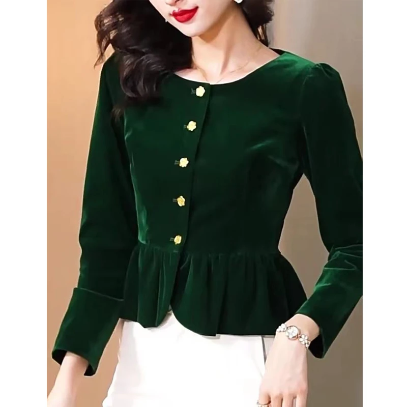 Women Retro High Quality Golden Velvet Elegant Chic Shirts 2023 Autumn Winter Fashion Ruffle Slim Blouses Solid Long Sleeve Tops