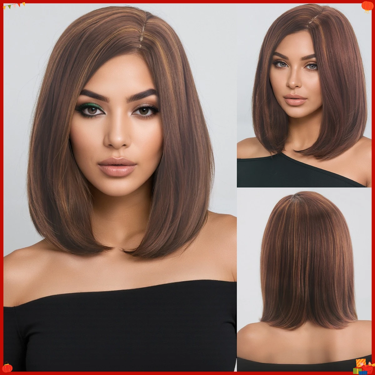 Synthetic Short Bob Wig for Women with Side Part Straight Fiber Rose Net Breathable Cosplay Everyday Party Hairpiece Ready Stock