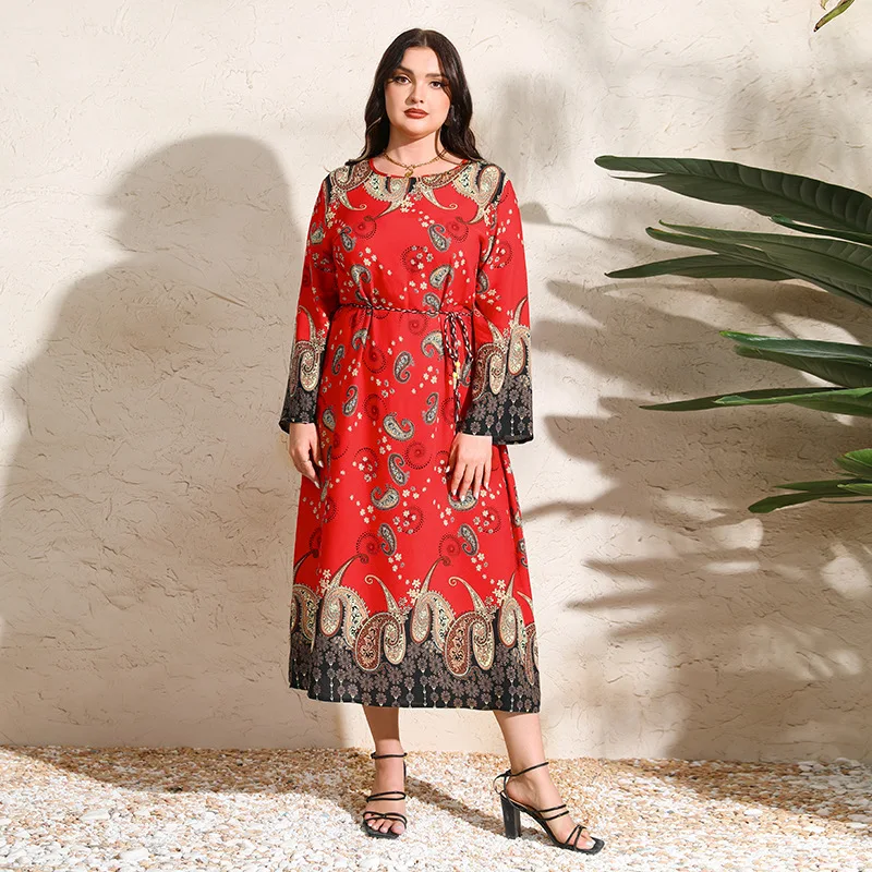 

Middle Eastern large size long-sleeved dress retro paisley long dress fashionable simple elegant temperament high-end vacation s