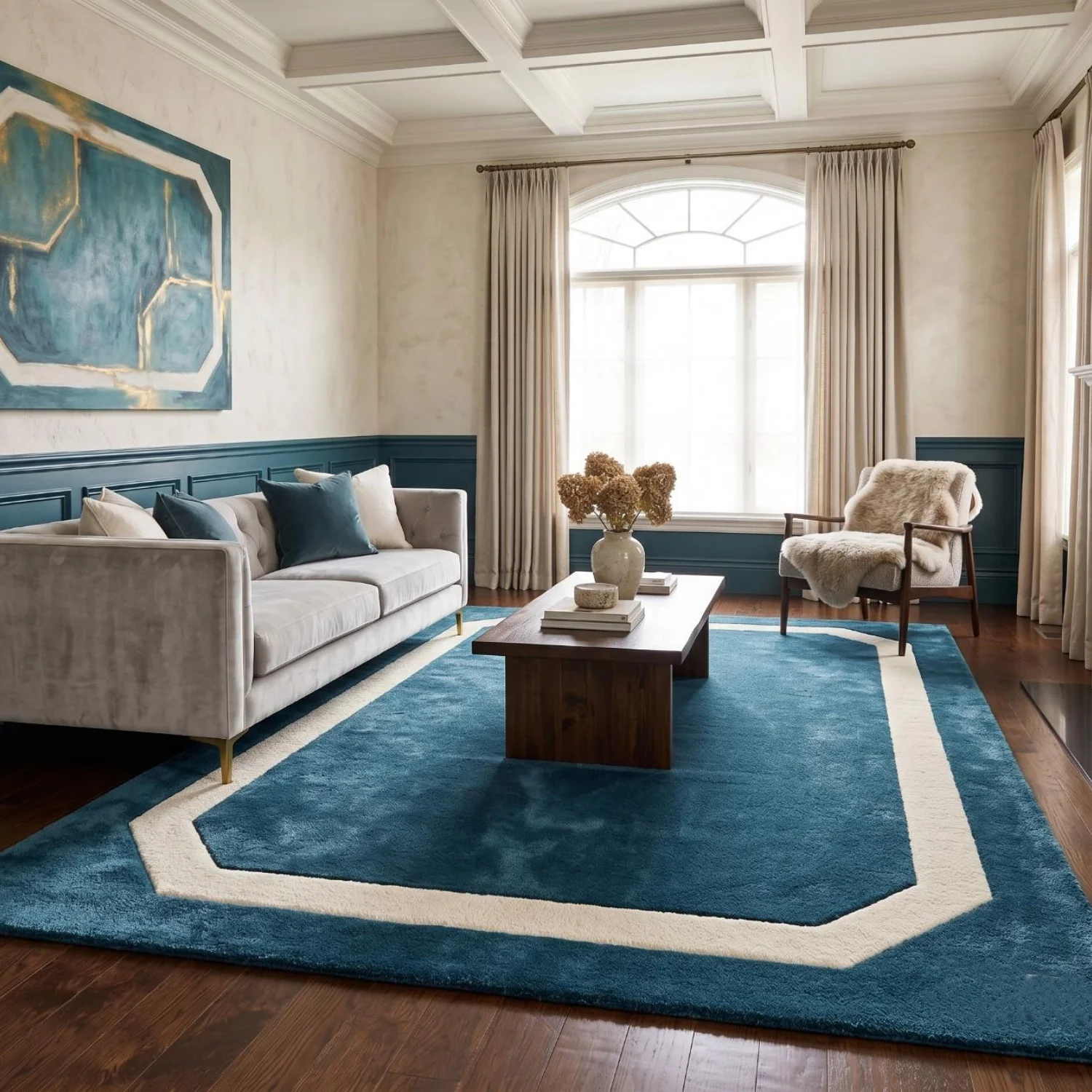 Room Decor Rug  Teal Blue Geometric Wool Rug, H1and Tufted Mid Century Modern Carpet