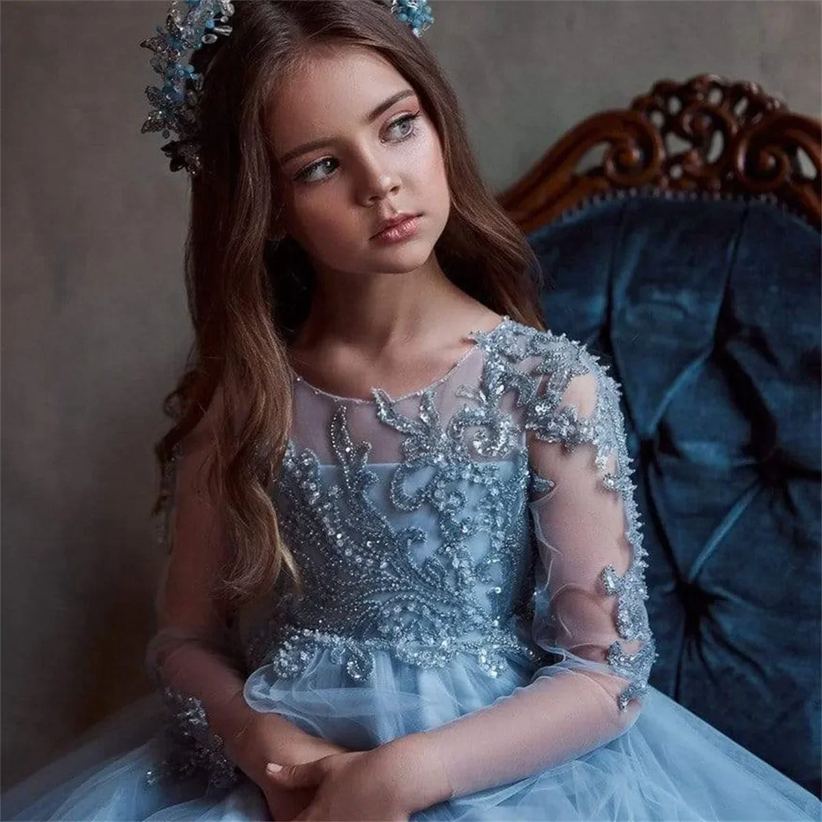 

Long Sleeves Flower Girl Dresses Elegant Blue For Wedding Princess Tulle Appliques Pageant First Communion Customize Gowns