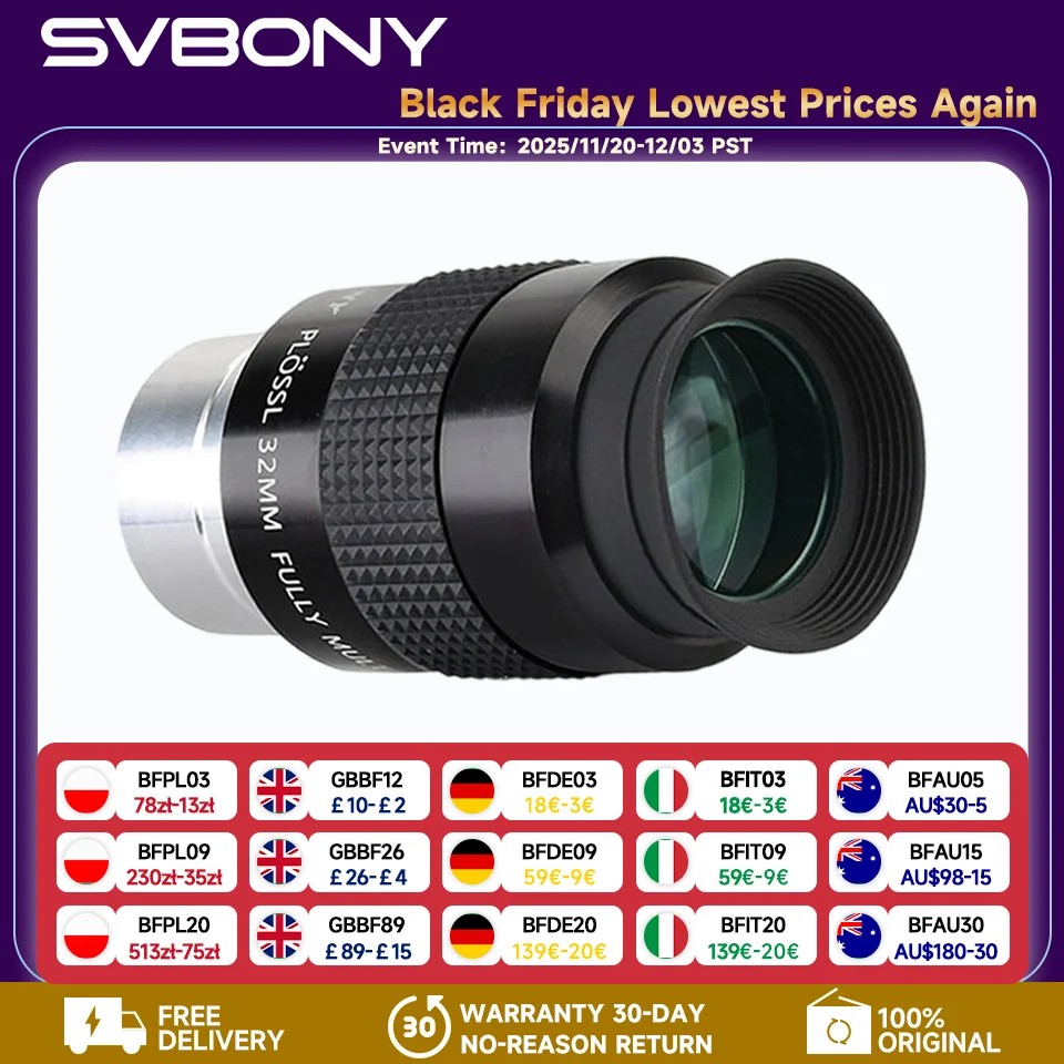 

Окуляр SVBONY 1,25" (PLOSSL) Телескопический окуляр PL 6/12/17/25/32/40 мм 4-элементная конструкция Поле зрения 48 градусов SV131