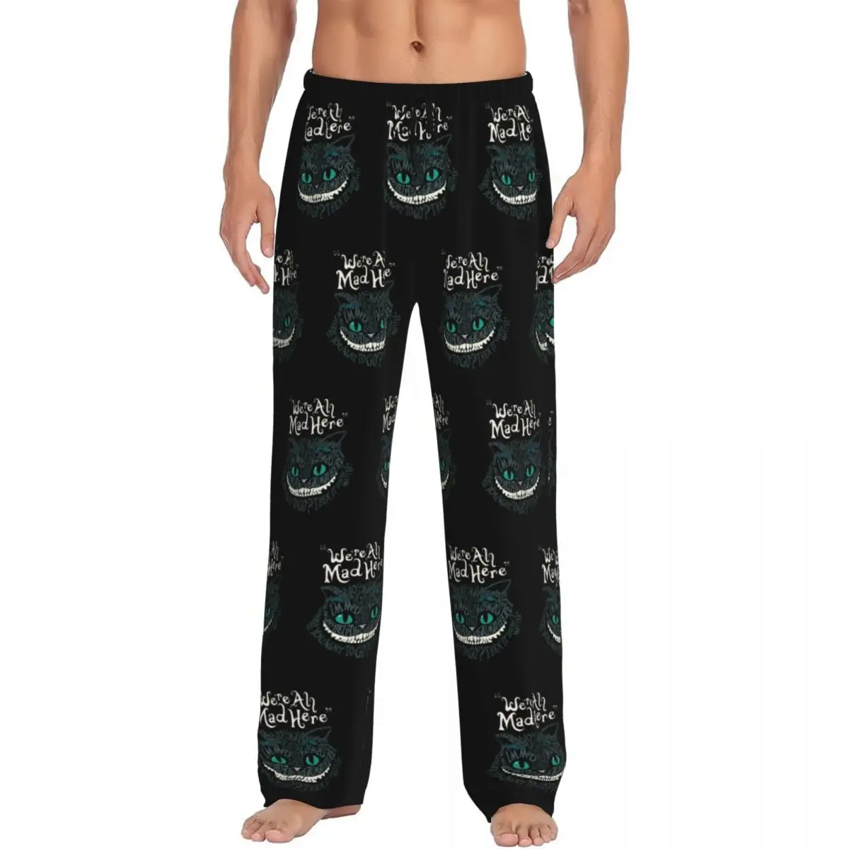 Pantalones de pijama de gato de Cheshire personalizados para hombre con estampado de Alice, somos todos locos aquí, ropa de dormir para dormir en el país de las maravillas, pantalones con bolsillos