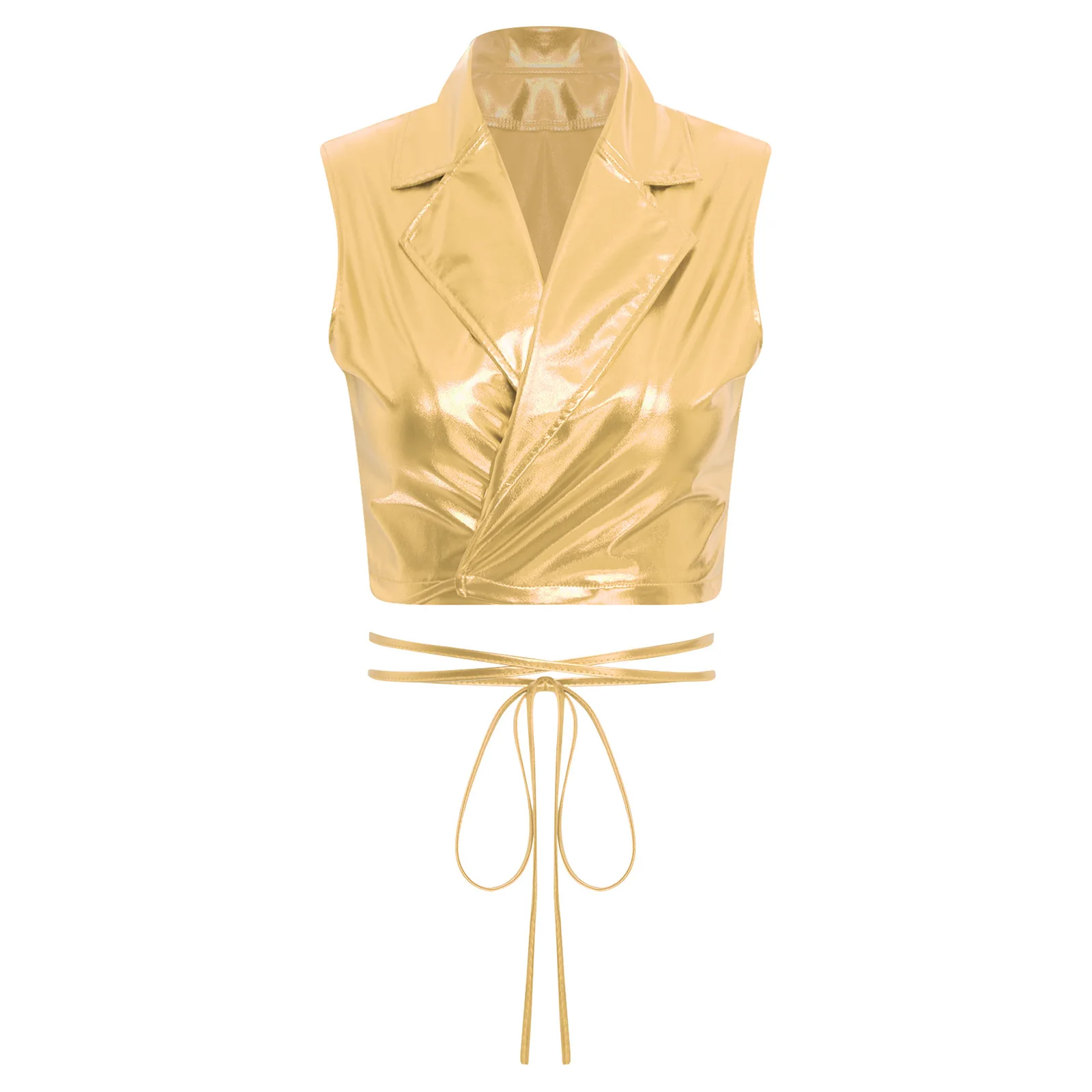 

Women Fashion Metallic Crop Tops Sleeveless Front Wrap Lace-up Tank Tops for Jazz Party Dance Disco Raves Club Musical Costumes