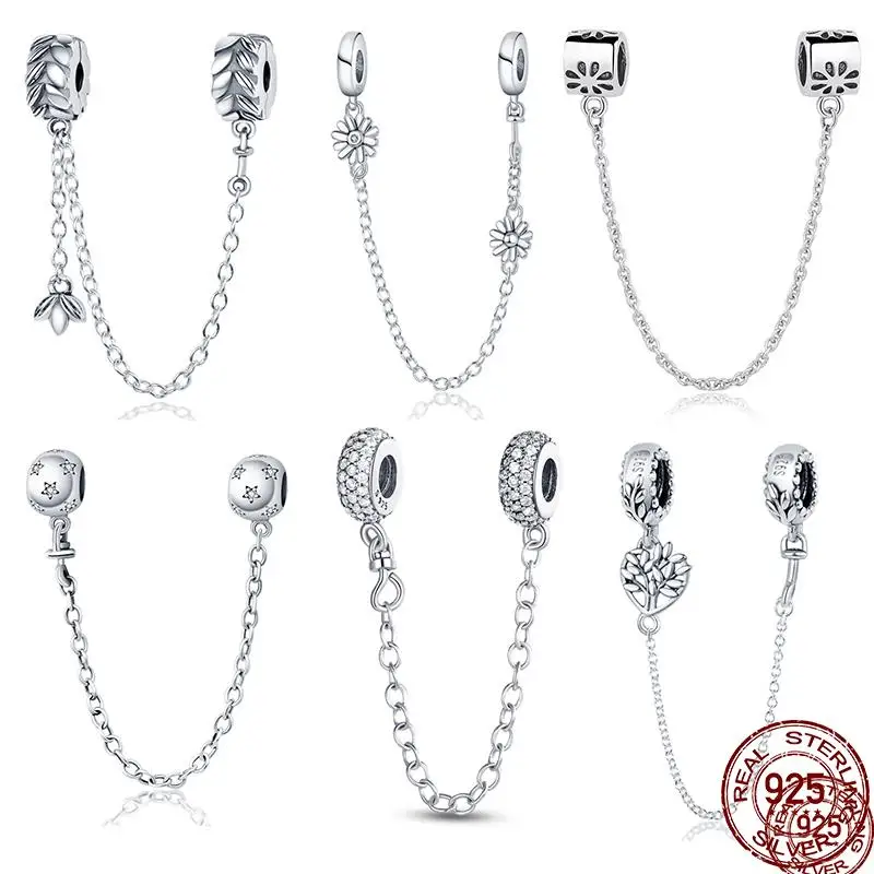 925 Sterling Silver Clasp Silver Charms Silicone Spacer Beads Safety Chain Fit Original Pandora Bracelet  Jewelry Women New in