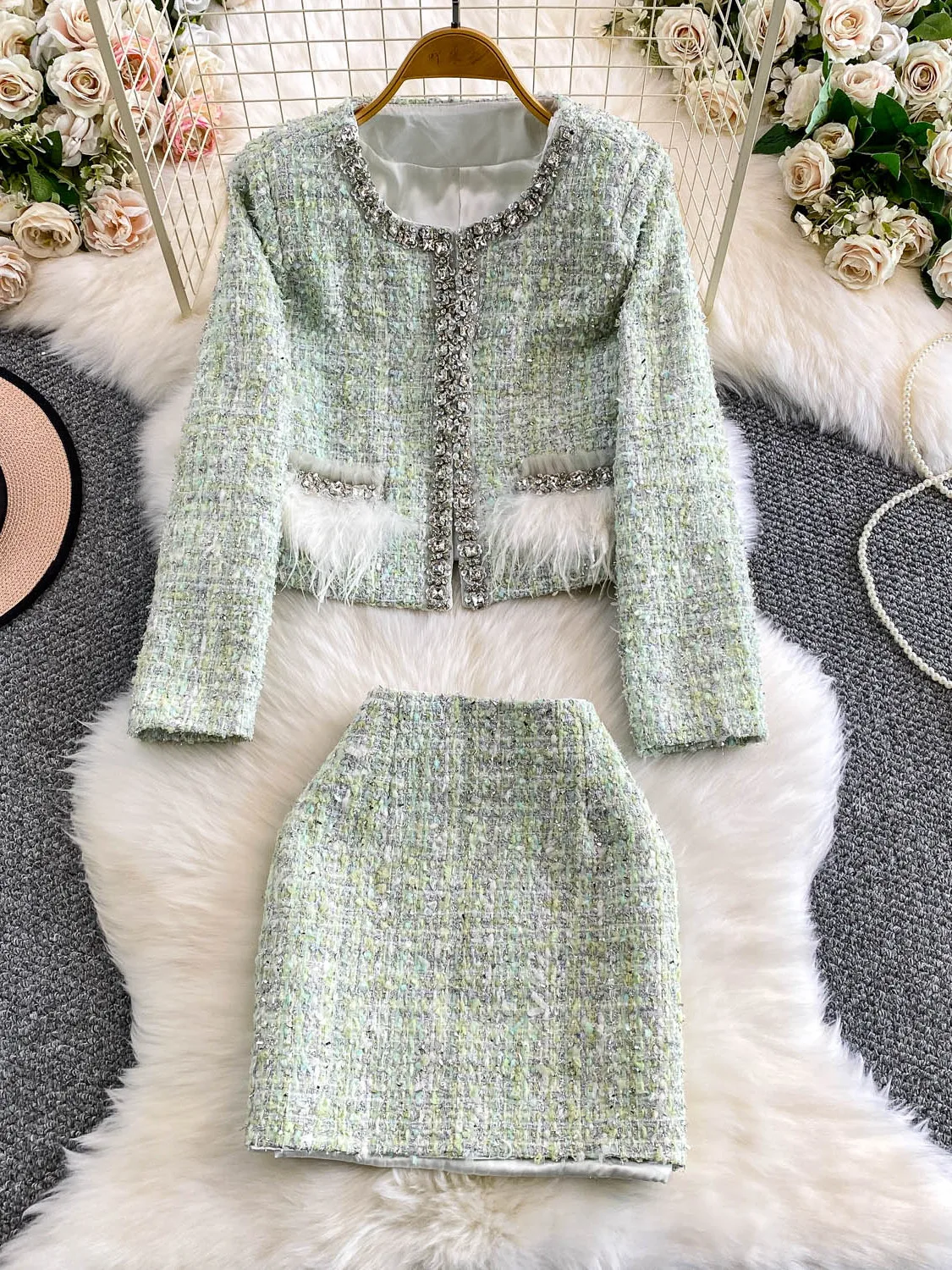 

Ele round Ne Spliced Ostrich Feather Jaet Women's Luxury ort Skirt Two-Piece Set Anti-Wrinkle Lightweight Autumn Fa...