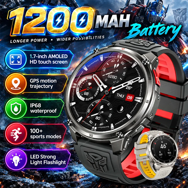 Nouvelle montre connectée pour hommes, idéale pour les activités de plein air, avec une grande batterie de 1200 mAh, boussole, lampe torche à LED, étanche IP68, écran HD de 1,7 pouces, fonction d’appel Bluetooth et fonctions sportives.