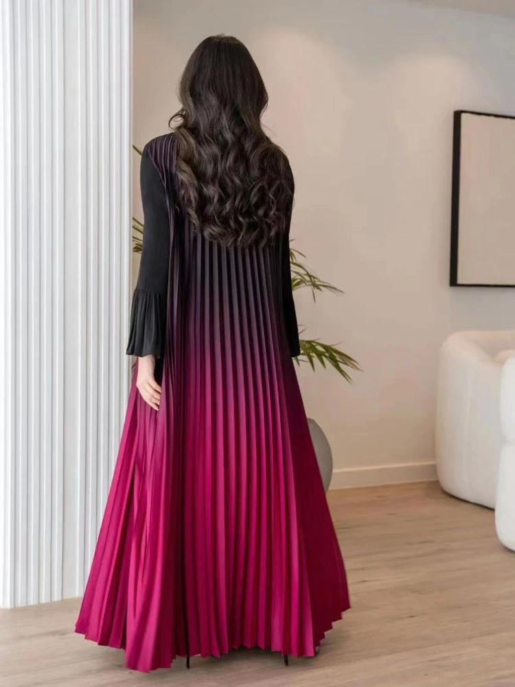 Pleated Gradient Muslim Abaya Women Abayas Saudi Arab Flare Sleeve Cardigan Dress Caftan Maxi Vestidos Morocco Kaftan Long Robe