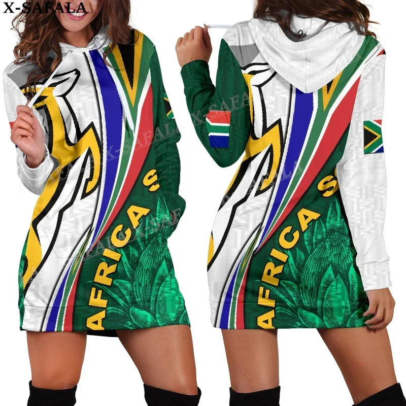 South Africa Country Flag Springboks 3D Printed Autumn Hoodies Dress Women Casual Wear Long Sleeve Hooded Dress-2