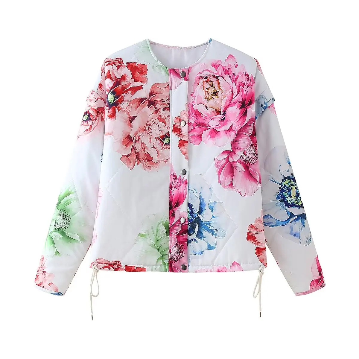 Cross-border autumn and winter new fashion all-match round neck flower print cotton jacket