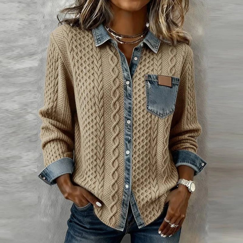 

Woman Fashion Patchwork Knitted Sweater Autumn Turn-down Collar Button Top Cardigan Winter Long Sleeve Knitwear Shirt Outerwears