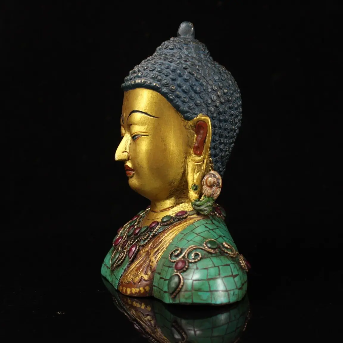 Nepal Pure Copper Shakyamuni Buddha Bust Gem Inlaid Painted Home Altar Decor Collectible