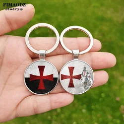 FIMAO Knights Templar Red Cross Keychain Army Crusade Solomon Freemason Symbol Glass Gem Metal Key Ring Holder Jewelry Gifts