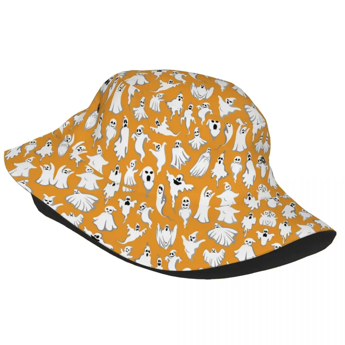 Custom Halloween Horror Orange Ghost Pattern Bucket Hat Men Women Fashion Summer Beach Sun Fisherman Cap