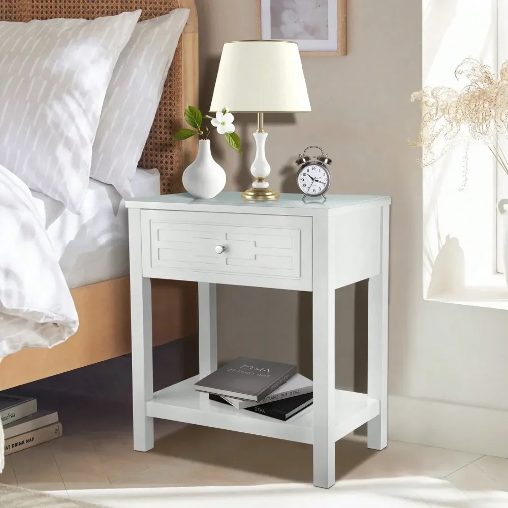 

23-дюймовая белая прикроватная тумбочка с гладкой стеклянной поверхностью, современная тумбочка с 1 выдвижным ящиком, деревянный прикроватный столик для спальни, L