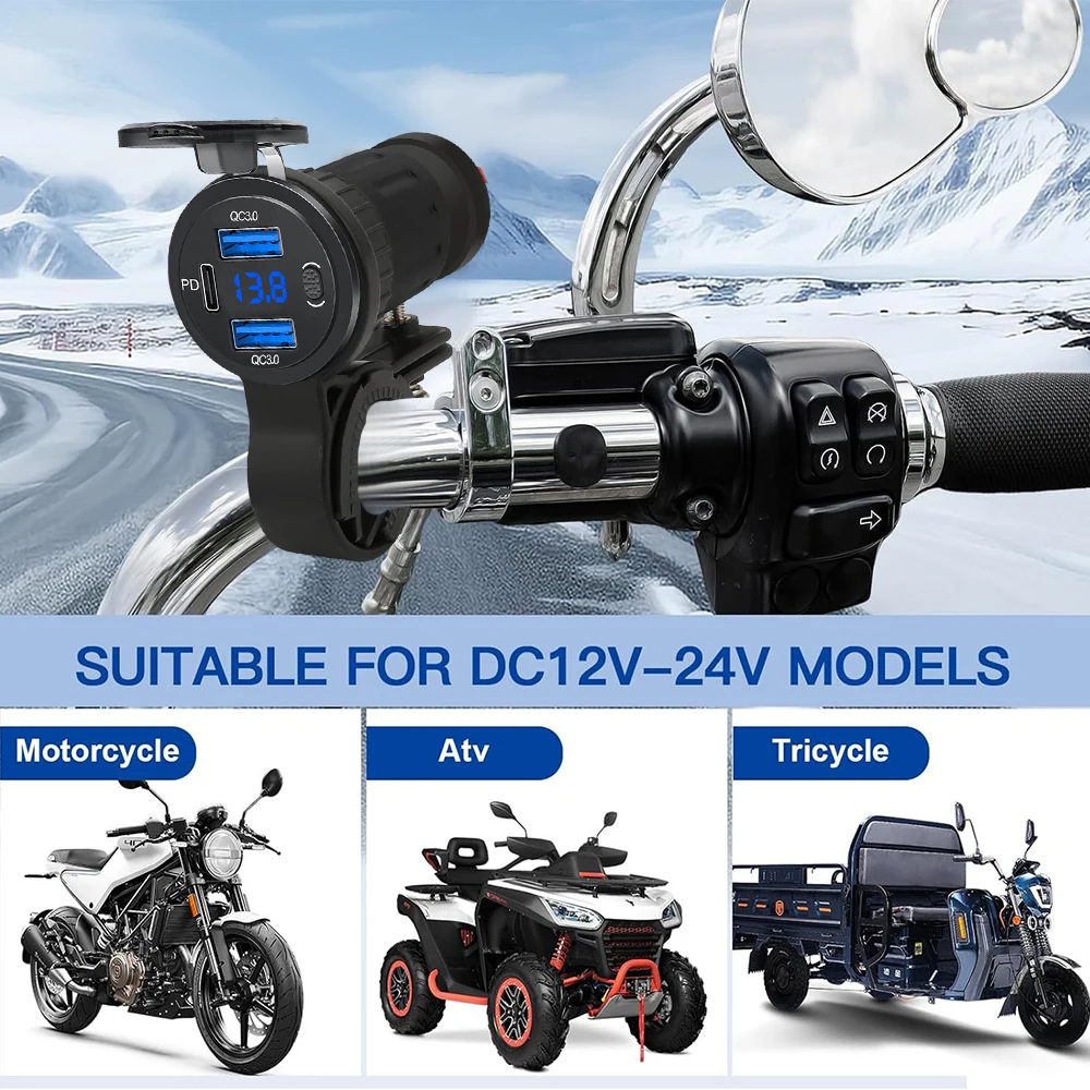 3 in 1 Digital Motorcycle Charger PD+QC3.0 Dual USB Fast Charging Power Socket USB Type-C Port Power Supply Adapter Waterproof