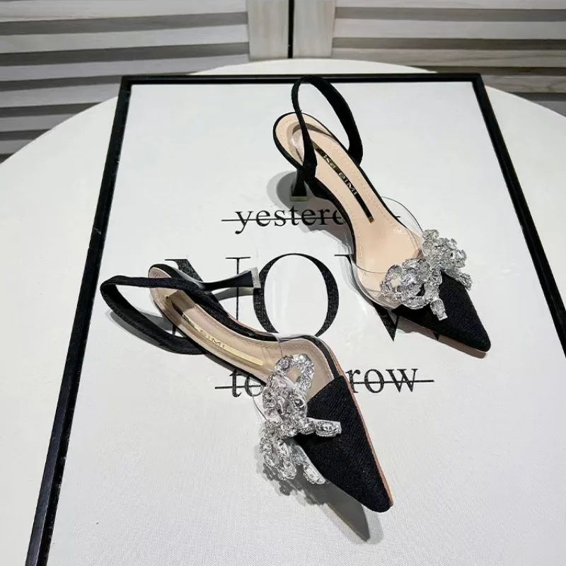 Summer 2024 Stiletto Sandals for Women Thin Heels Ladies Shoes Clear Footwear Black Transparent Bow Pointed Toe Closed Sale Vip