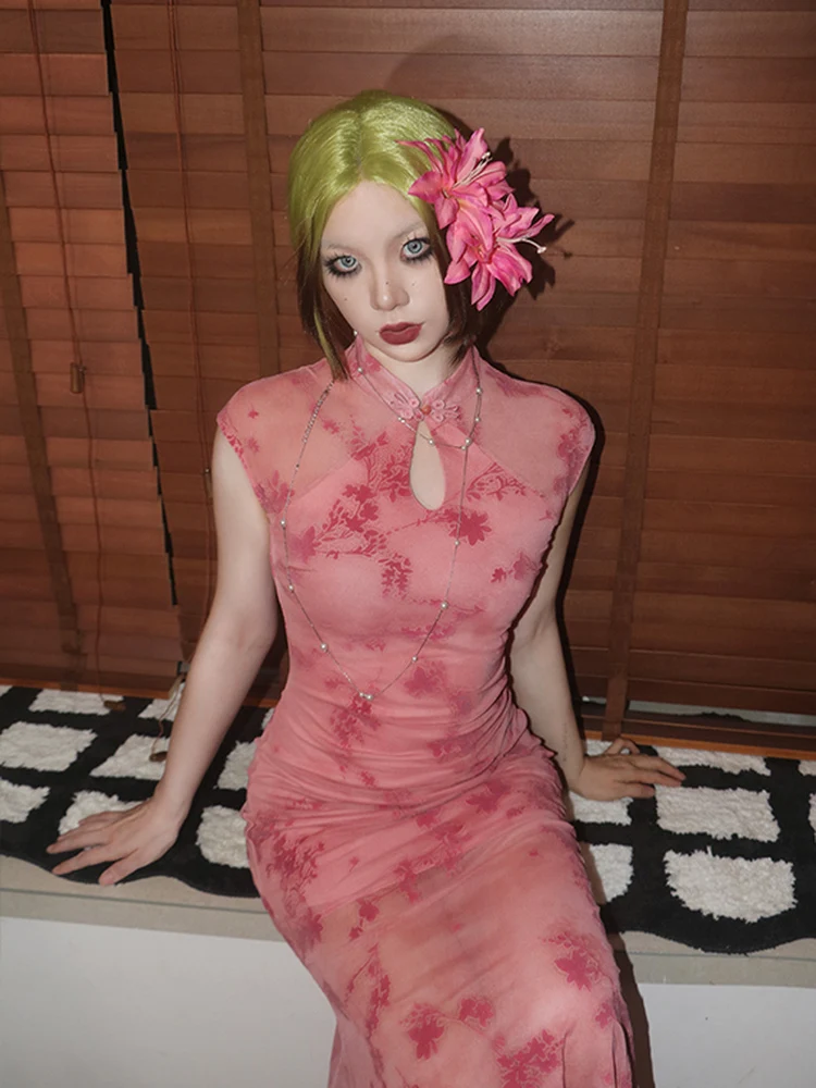 

Ele Pink Dr with Button Detail Traditional Chinese Eastern Aesthetic Women's Faion Retro Sle Long Skirt