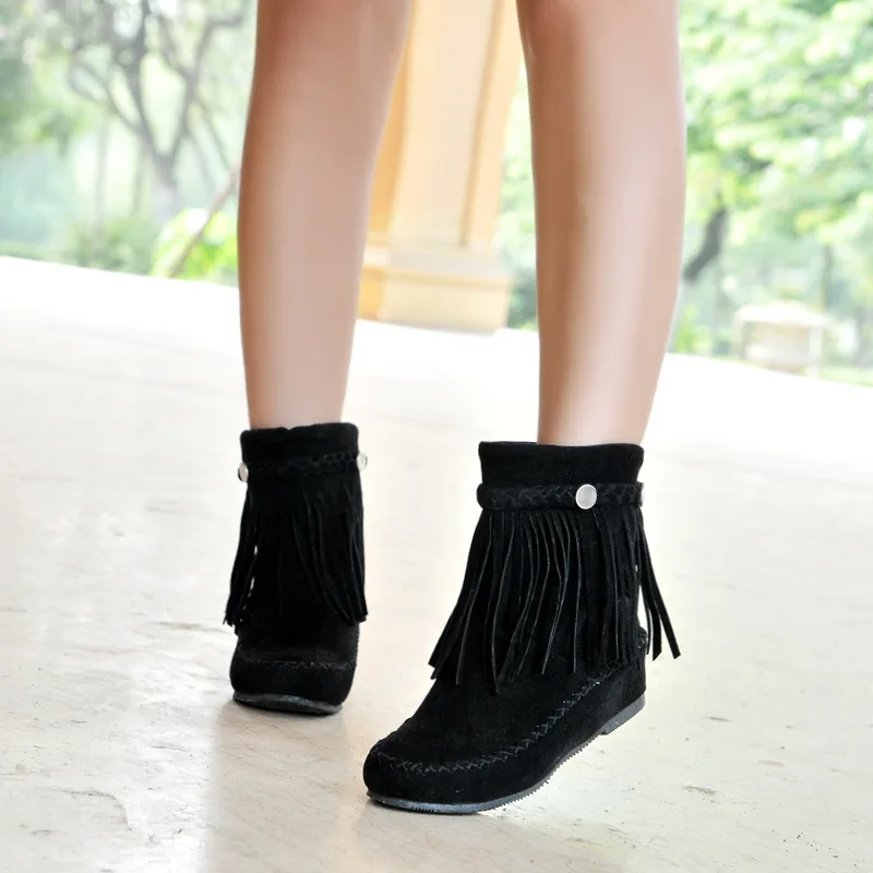 Lady Height Increasing Block Heels Ankle Boots Anti-Skip Shoes Round Toe Black Booties Cute Short Tassel Shoes With Seam 33 45