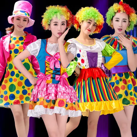 Halloween Women Clown Rainbow Skirt with Wig Red Nose Joker Cosplay Costumes Cosplay Christmas Carnival Party