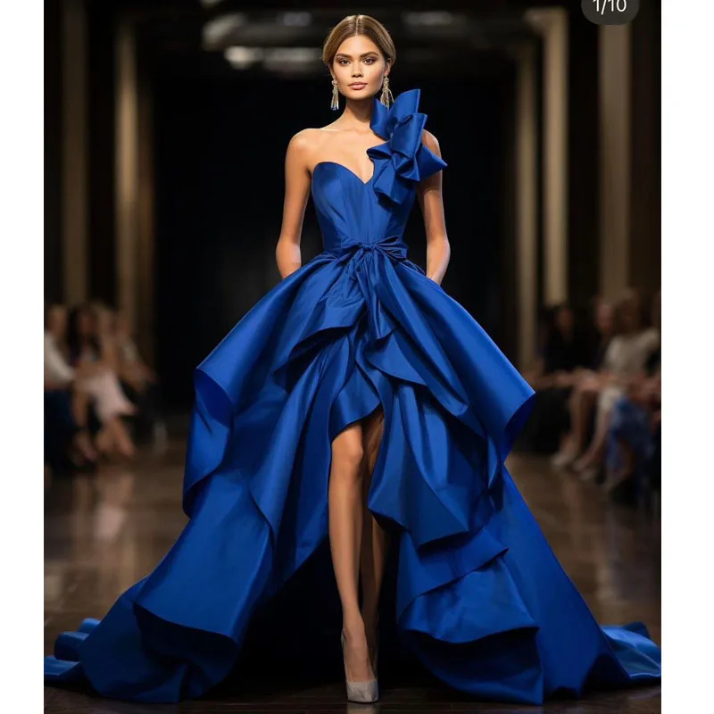 Memorable Royal Blue High Low Evening Dresses One Shoulder Sweep Train Women Prom Gown Formal Party Dress New Design