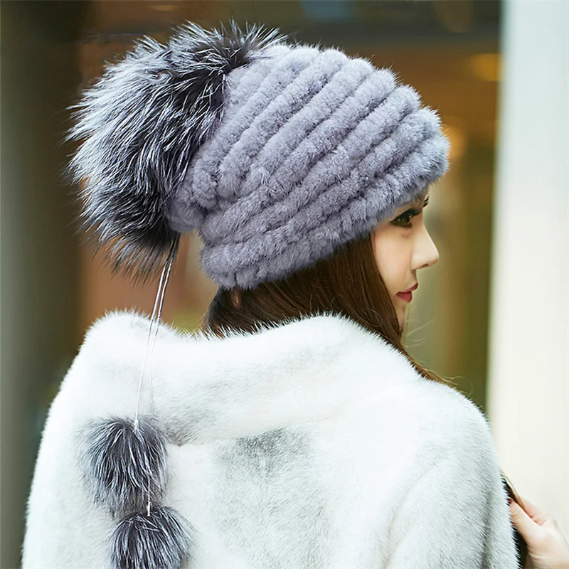 Women's Winter Fur Hat Luxury Fox Fur Ball Mink Knitting Natural Warmth Girl Soft Fashion Fluffy Real Mink Hair Baseball Cap