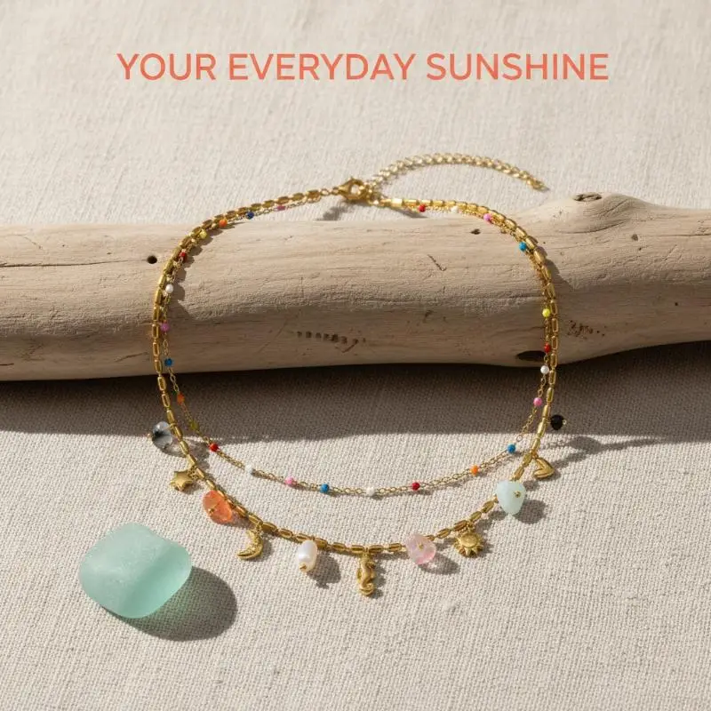 Boho Gold Layered Necklace with Star Moon Seahorse Charms Colorful Chain for Outdoor Gathering Wear