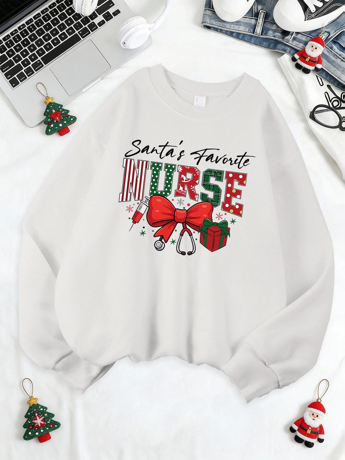 

Любимая медсестра Санты с принтом, женские пуловеры, винтажные модные толстовки, осенне-зимняя толстовка с круглым вырезом, флисовая одежда