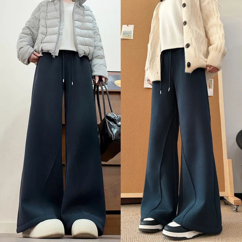 Light Gray Casual Pants for Women in Autumn and Winter 2025 New Style with Added Fleece Thickened and Slimming Versatile Strai