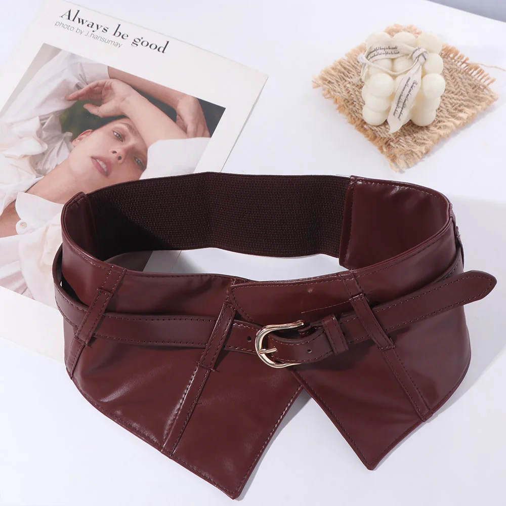 Korset Pinggang Elastis Punk Warna Solid, Sabuk Lebar Elastis, Pelangsing, Kulit PU, untuk Gaun