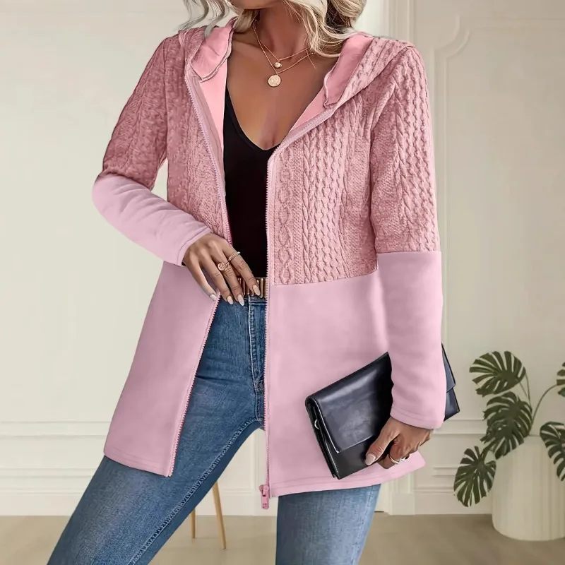 Women's Autumn Solid Color Ripple Splicing Casual Loose Women's Hooded Jacket Coat
