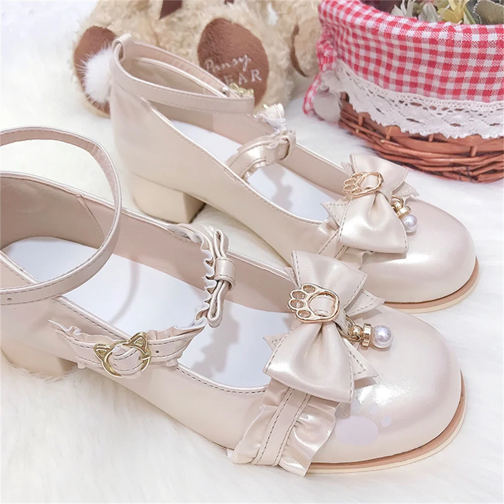 

Summer Princess Sweet Lolita Shoes Cute Student Daily Bowknot Leather Shoes Round Head Thick Heel Women Shoes Cosplay Loli