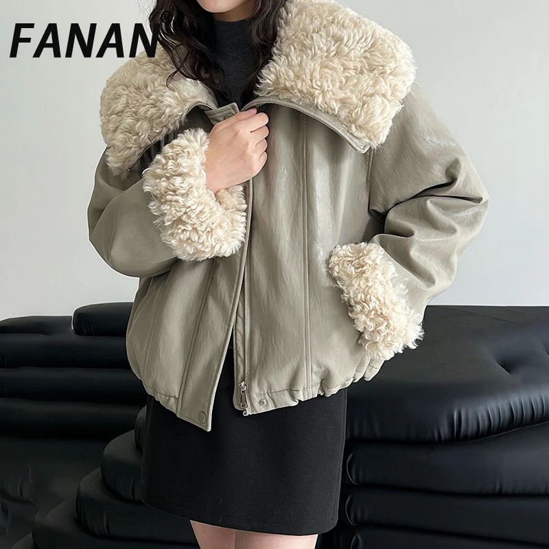 

FANAN Faux Fur Spliced Design Down Coats For Women Lapel Zipper Thick Warm Parka Office Lady Fit Jackets Female Winter New