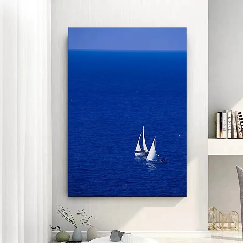Deep Blue Sea and A Sailboat Poster and Prints Landscape Canvas Painting Wall Art Picture for Living Room Home Decor Cuadros