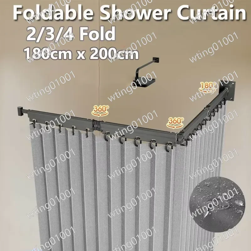 Foldable Shower Curtain Rod Retractable Folding Rod Waterproof Bathroom Privacy Curtain for Wet Dry Separation