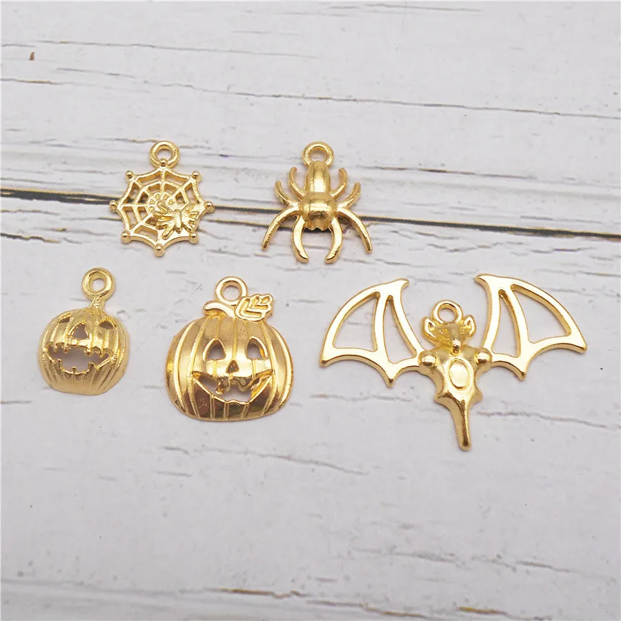 20PCS Alloy Halloween Charms Gold Color Bat Spider Cobweb Pumpkin Pendant Earrings Necklace Bracelet Jewelry Accessory