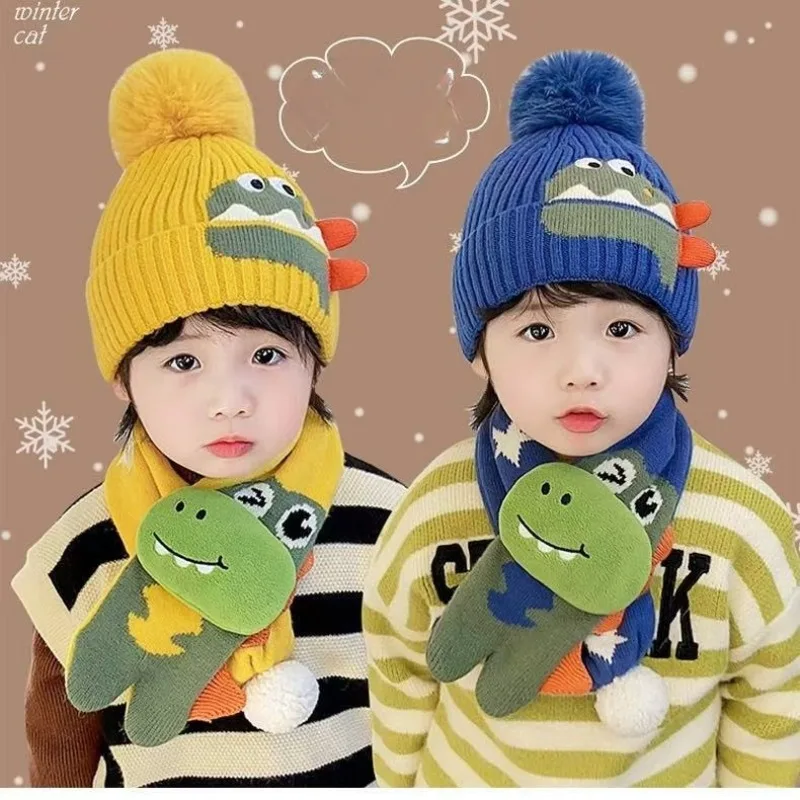 

Children's Hats Fall/Winter Boys' Ear-Warming Hat & Scarf Set Boys' Dinosaur Knit Hat Girls' Knitted Hat