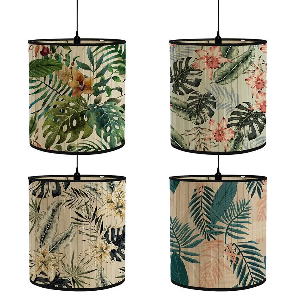 Retro Bamboo Lamp Shades Green Plants Pattern Light Cover Home Decoration For Floor Light Table Lamp