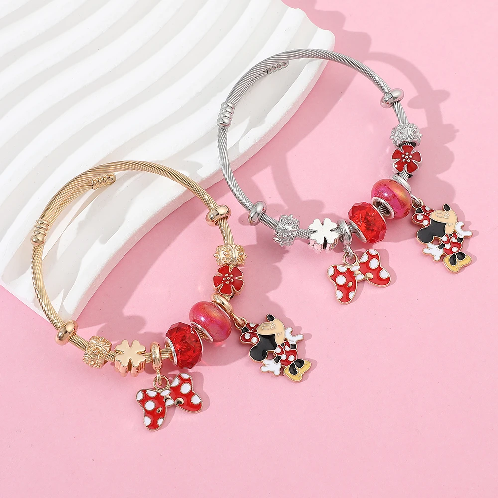 Disney Series Fashionable Cute Mickey Mouse Mickey Red Butterfly Pendant DIY Flower Versatile Beaded Bracelet