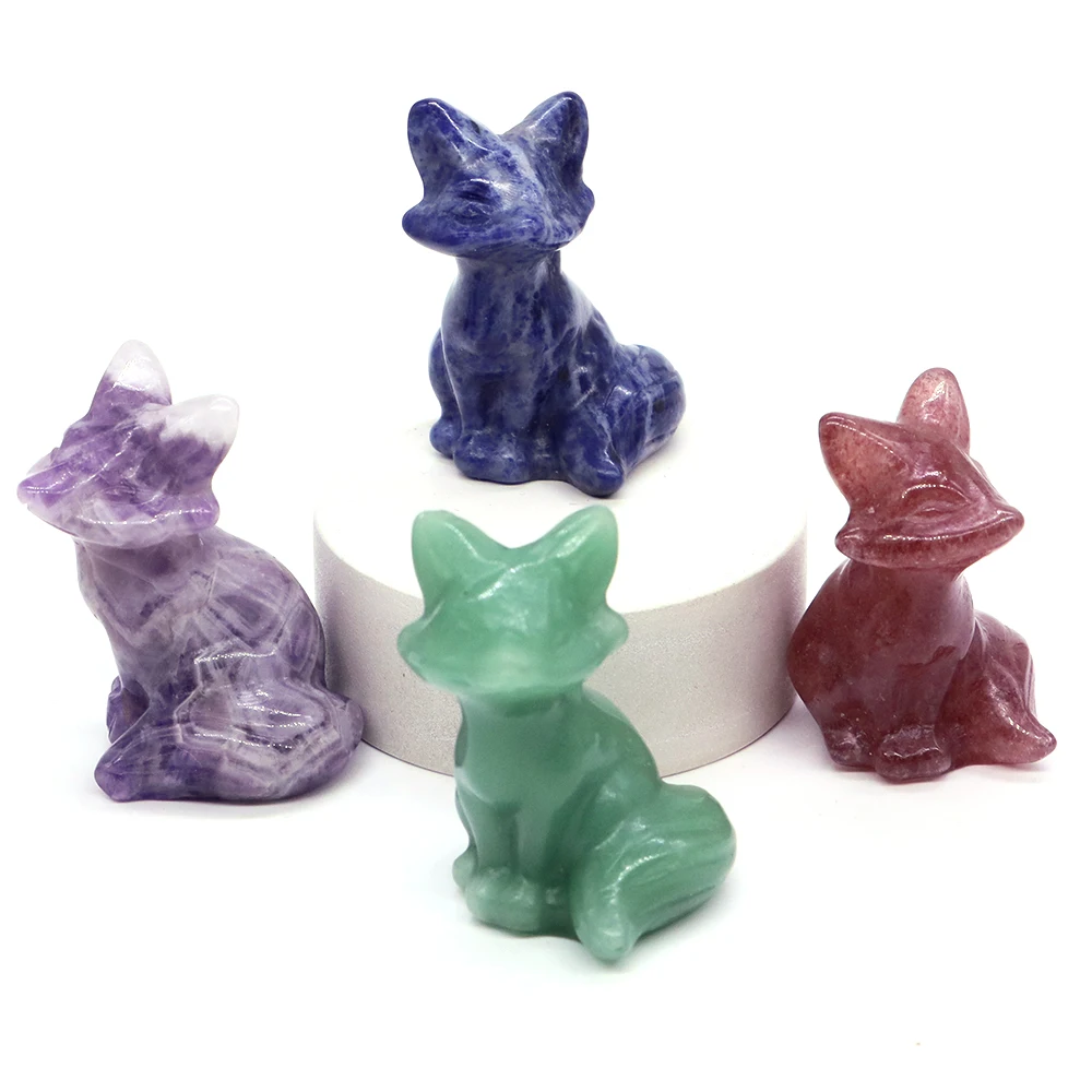 40mm Natural Stone Carved Charms Crystal Fox Statue Reiki Gemstone Trinkets Christmas Toy Gifts Healing Jewelry Animals Decor