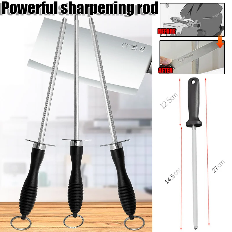 Afilador de cuchillos de acero al carbono de 26cm, herramienta de molienda profesional con mango de ABS, palo afilador de cuchillas de cocina