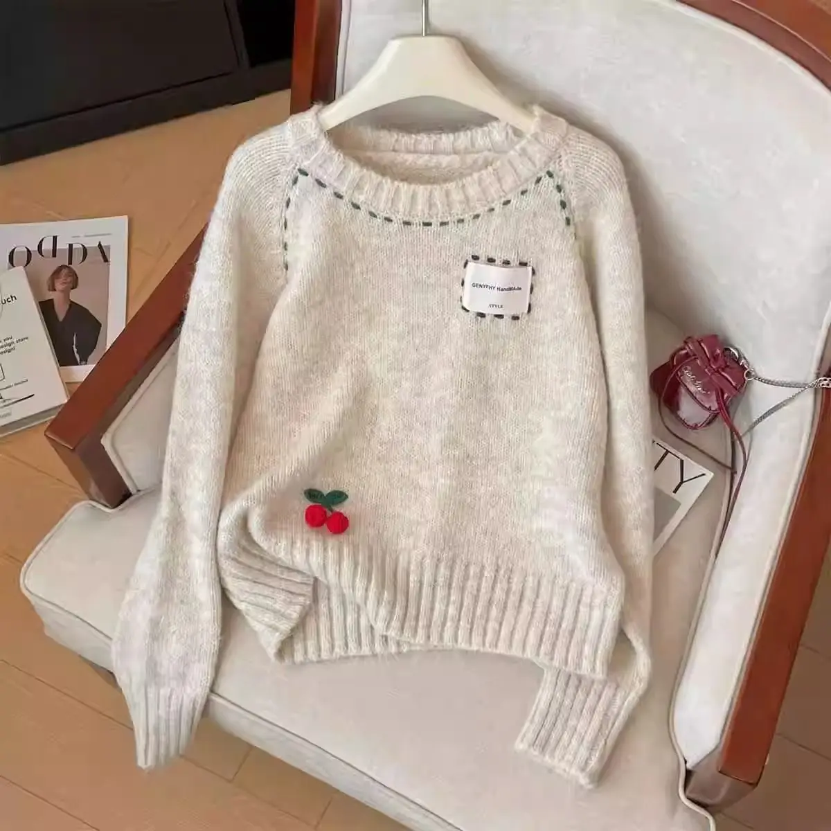 

Embroidered cherry pullover sweater for women in spring and autumn, lazy style, loose new style, soft and waxy, high-end inner