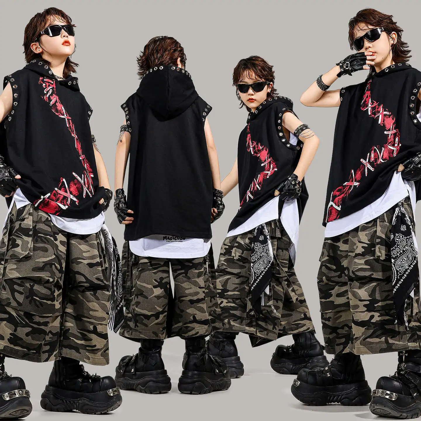 

Kid Kpop Hip Hop Clothing Black Hoodie Tank Camo Strap Parachute Cargo Shorts Middle Pants for Girl Boy Dance Costumes Clothes