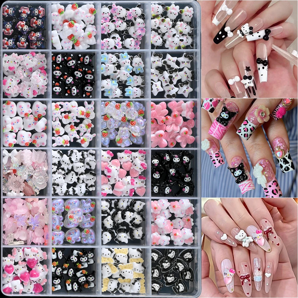12/24Grids Cute Kuromi/Hellokitty Nail Rhinestones Cartoon Anime Kuromi Kitty Cat Bow Nail Charms Resin Jewelry Manicure Crafts