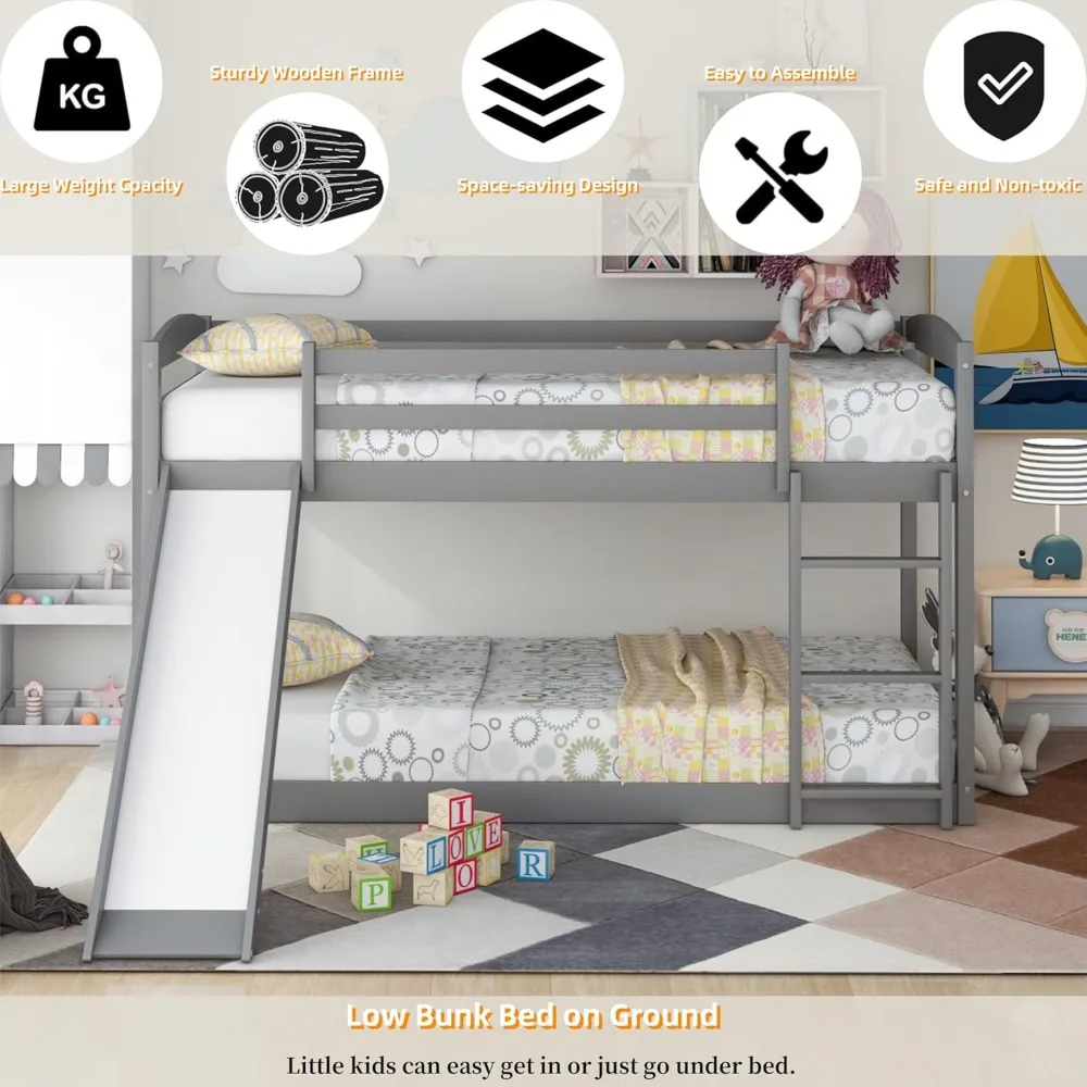 سرير مزدوج بطابقين منخفض مع منزلق، سلم، قضبان أمان، سعة 400 رطلاً للمراهقين والكبار #4