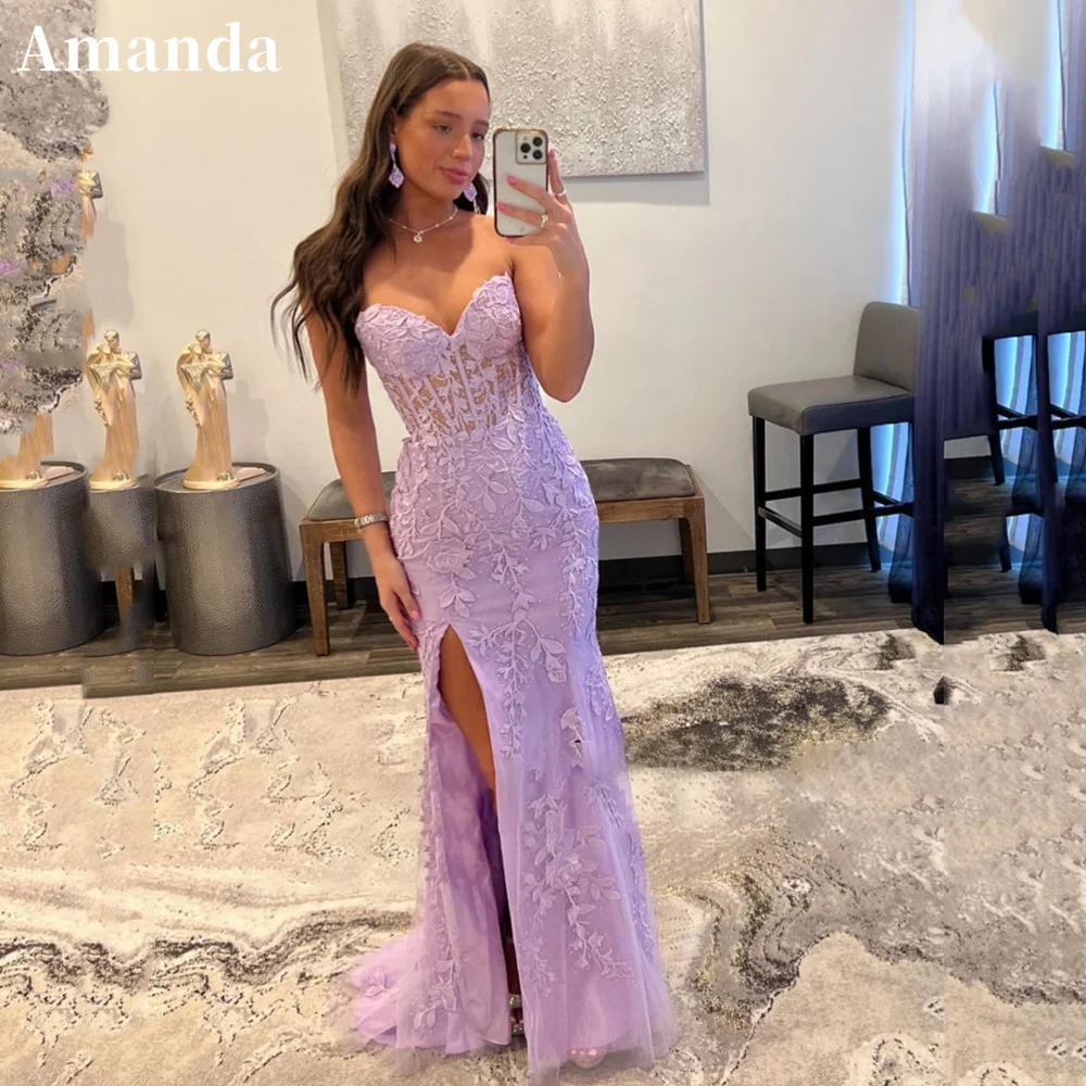 Amanda-vestido de noche de encaje con cola de pez para mujer, vestido Sexy de sirena para graduación, sin tirantes, 2023