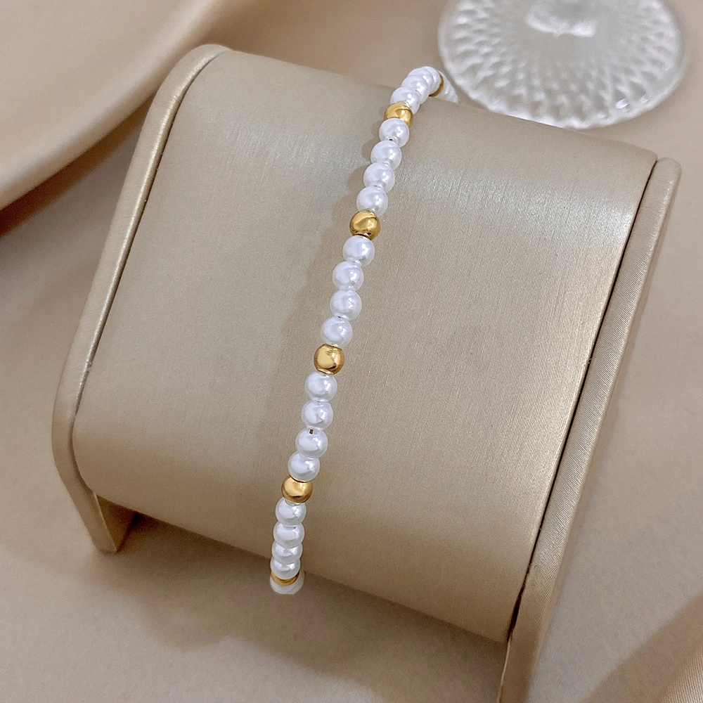 Freetry Boho Adjustable Stainless Steel Chain Bracelets for Women Imitation Pearl Golden Beaded Bracelet Fashion Lady Jewelry