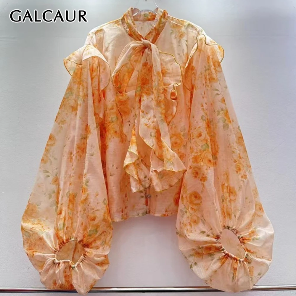 

GALCAUR Solid Spliced Lace Up Shirt Female O Neck Long Sleeve Patchwork Printing French Women's Shirts Autumn Fashion New Style