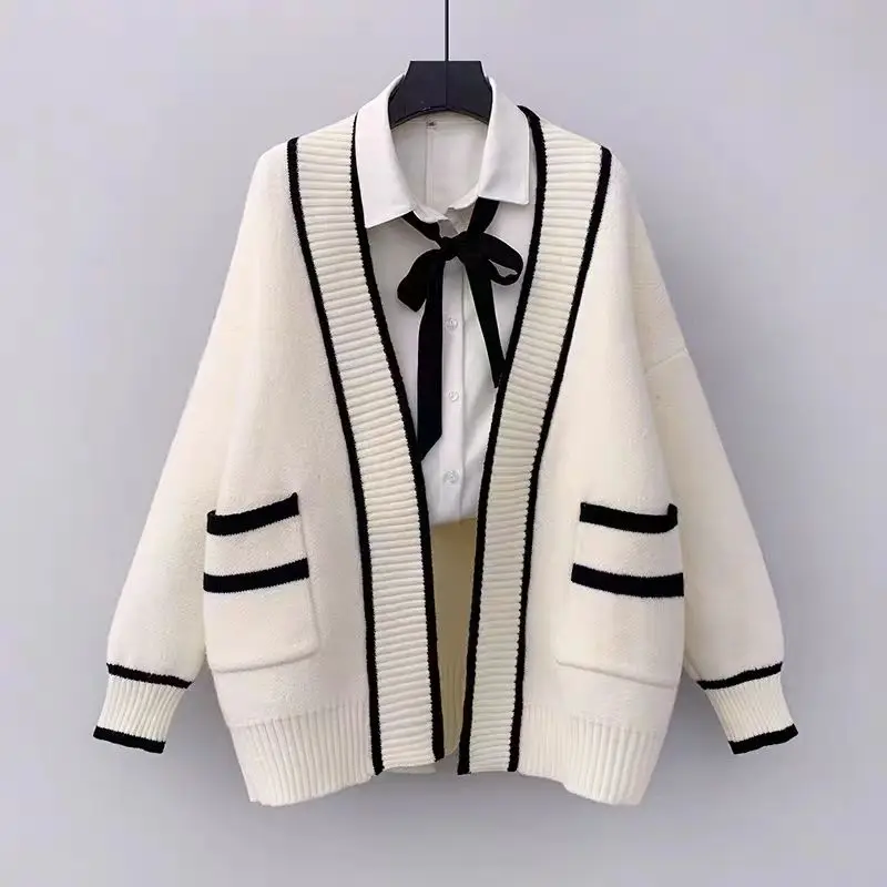 

Spring Autumn New Long Sleeve V Neck Knitting Casual Cardigan Striped Contrast Korean Sweaters Vintage Fashion Women Clothing