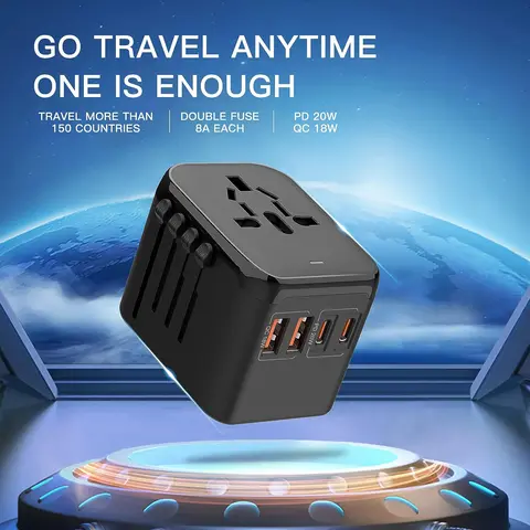 Adaptador de alimentação internacional GaN 20W, 2 USB-C e 2 USB-A Carregador de viagem de carregamento rápido, adaptador de tomada de viagem para Europa UE Reino Unido EUA AU